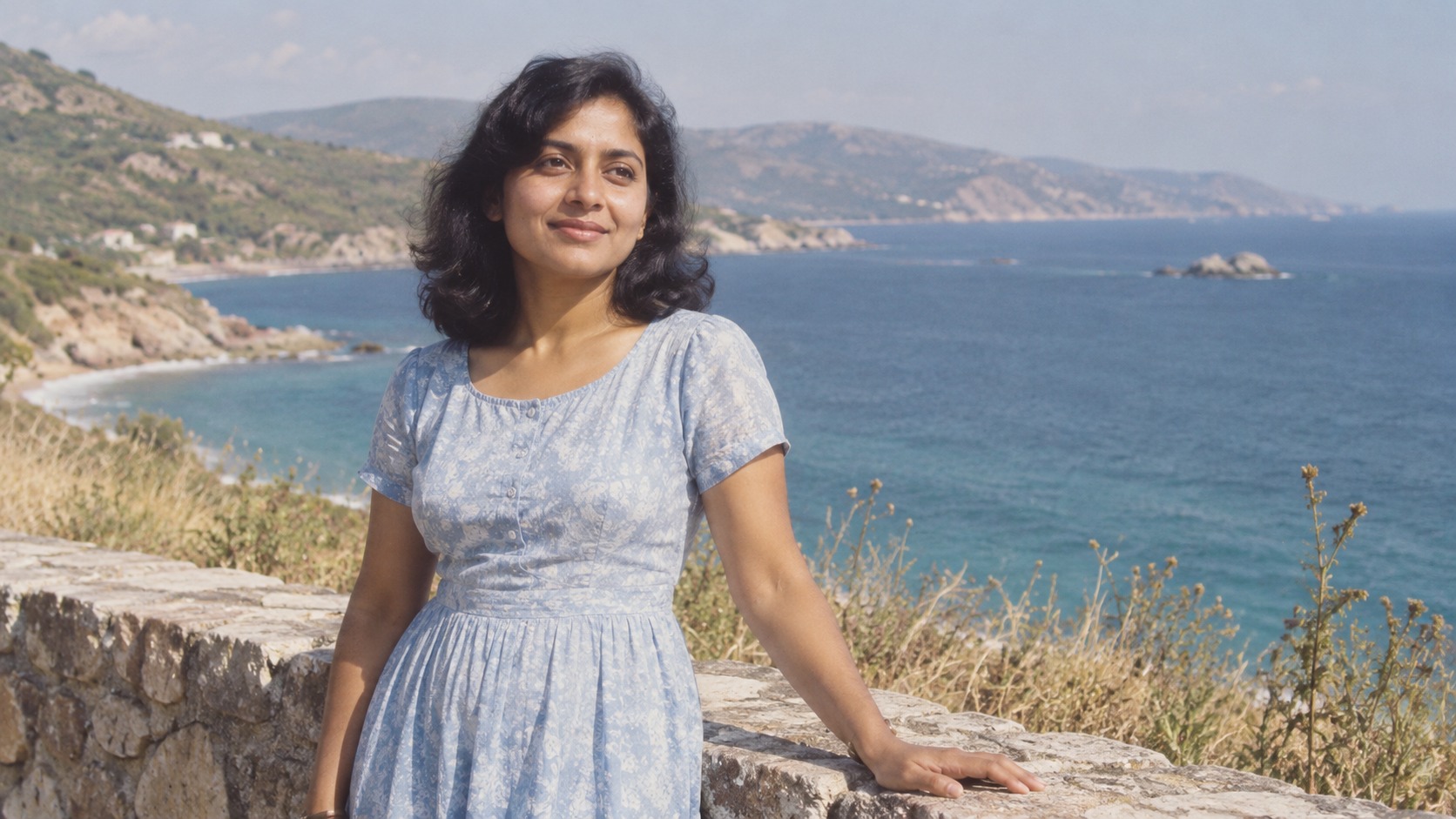A colorized coastal portrait with a sea breeze
